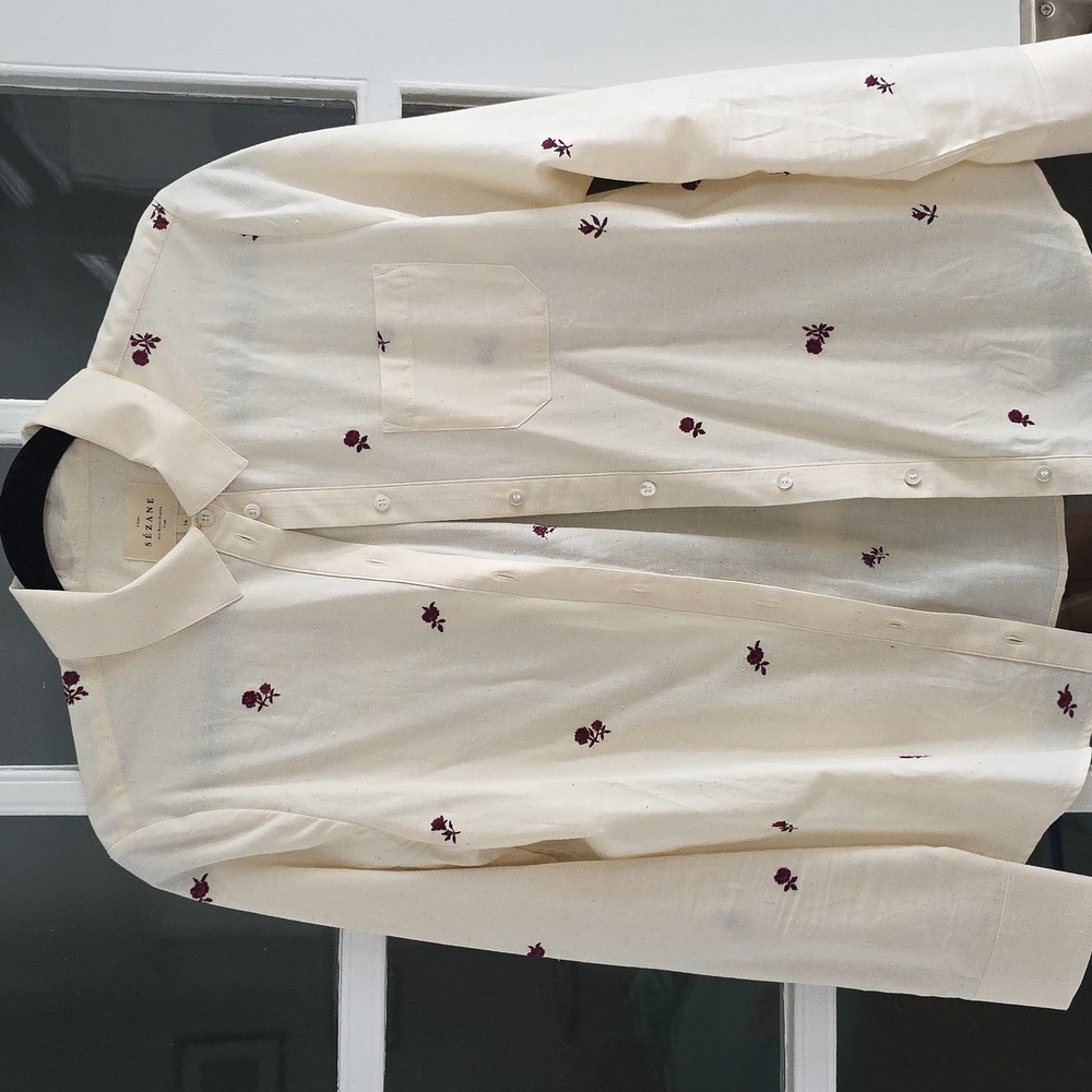 Sezane Tomboy Shirt Pink Flowers On Ecru Background - Size 4